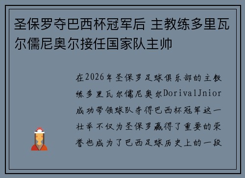 圣保罗夺巴西杯冠军后 主教练多里瓦尔儒尼奥尔接任国家队主帅