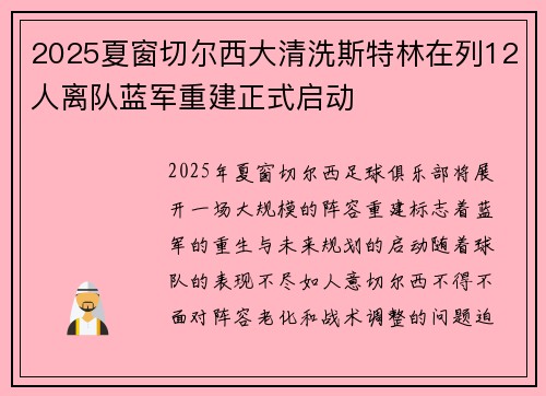 2025夏窗切尔西大清洗斯特林在列12人离队蓝军重建正式启动