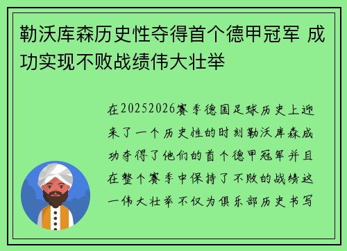 勒沃库森历史性夺得首个德甲冠军 成功实现不败战绩伟大壮举
