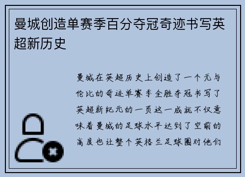 曼城创造单赛季百分夺冠奇迹书写英超新历史