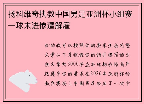 扬科维奇执教中国男足亚洲杯小组赛一球未进惨遭解雇